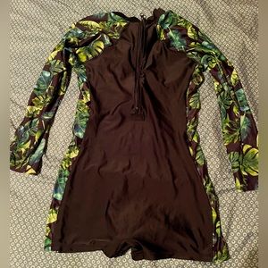 one piece long sleeve tropical swimsuit
